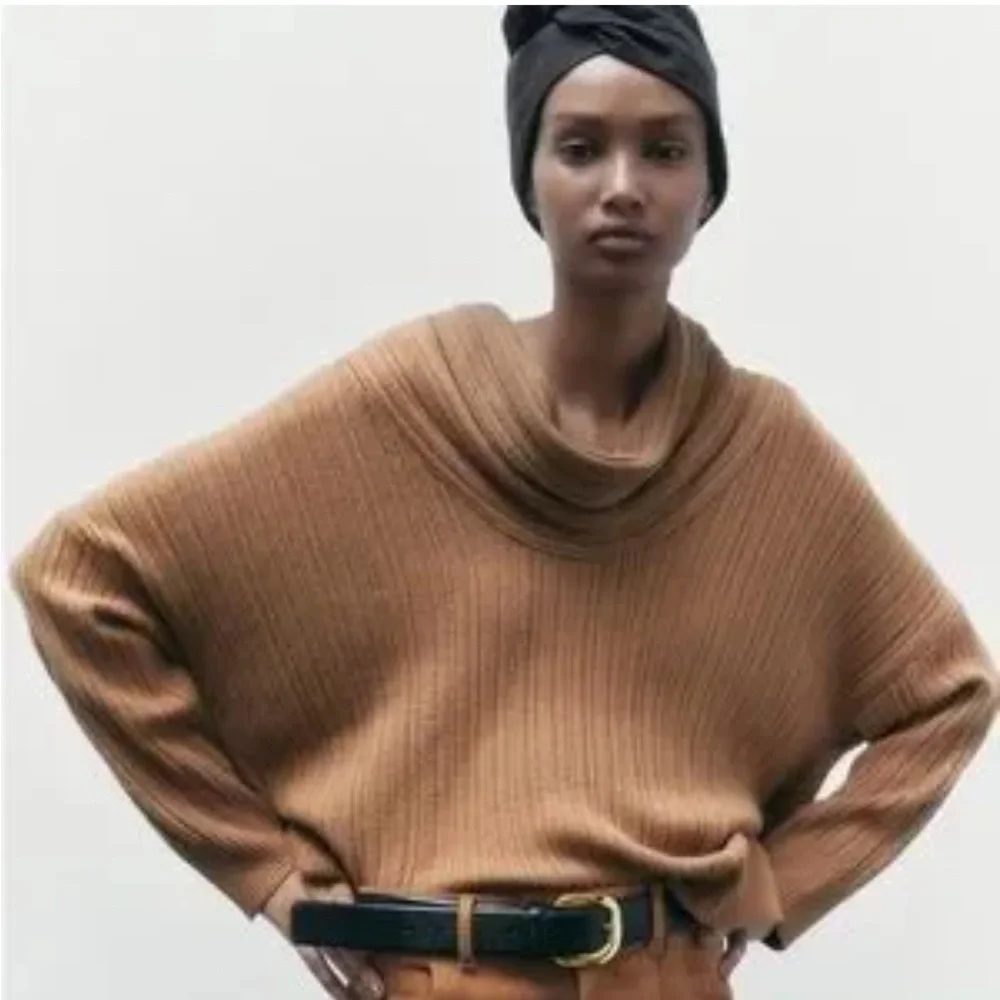 Zara Brown Oversized Cowl Neck Ribbed Sweater - Picture 2 of 7